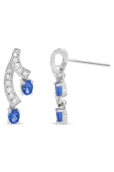 Oval Shaped Blue Tanzanite Gemstone and 1/5 Cttw Diamond Double Drop Earrings - Picture 3 of 5